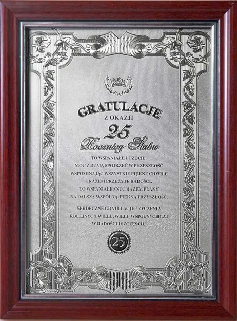 Certyfikat (w ramce) - Gratulacje z okazji 25 rocznicy ślubu
