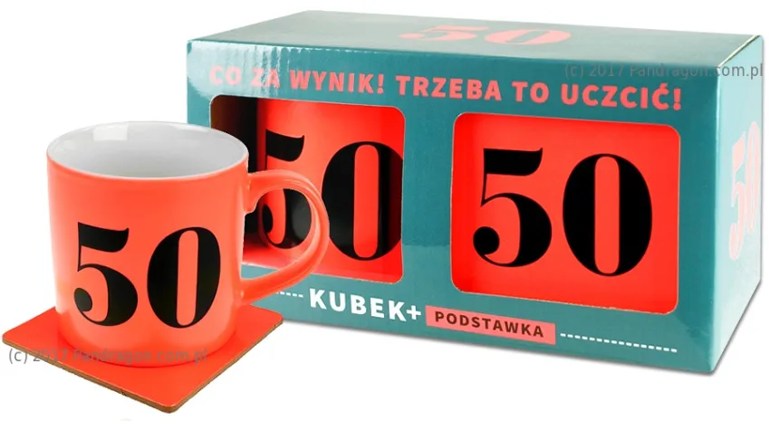Kubek neon + podstawka - 50 urodziny  - Co za wynik, trzeba to uczcić