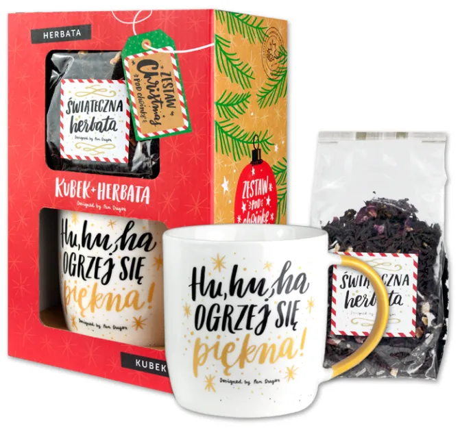 Zestaw kubek + herbata - Hu, hu, ha! Ogrzej się piękna!