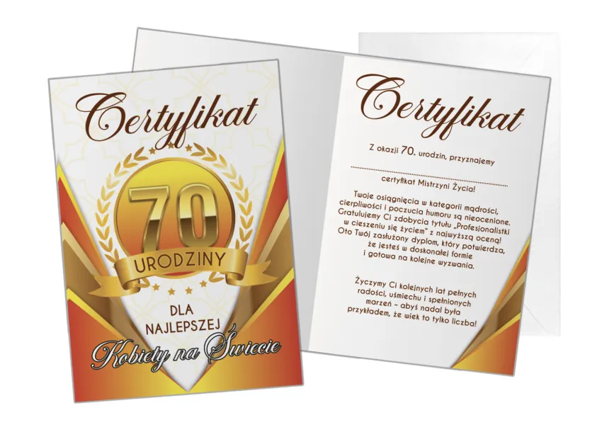 Karnet B6 K - 70 urodziny - Certyfikat dla najlepszej Kobiety na świecie