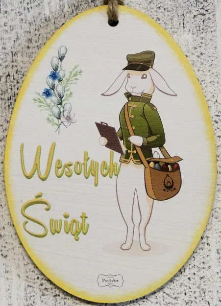 Tabliczka Vintage jajko śr. - (Zając listonosz) Wesołych Świąt