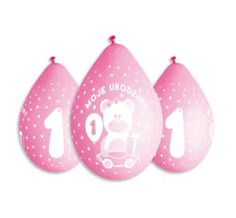 Balon premium "Moje 1 urodziny" - różowe 5szt - wiszące