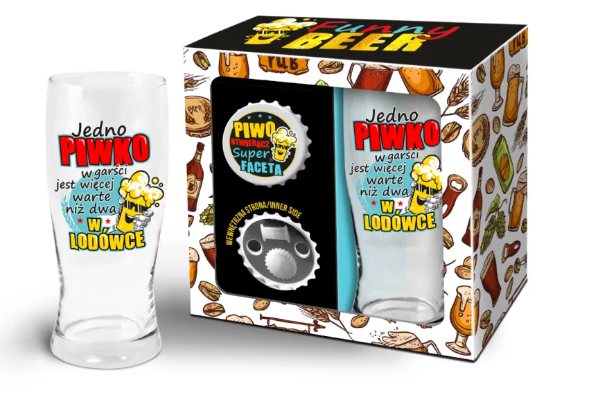 Zestaw Funny Beer - Otwieracz Super Faceta + szklanka do piwa - Jedno piwo w garści jest więcej warte niż dwa w lodówce