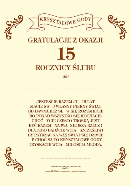 Dyplom - 15 Rocznica Ślubu