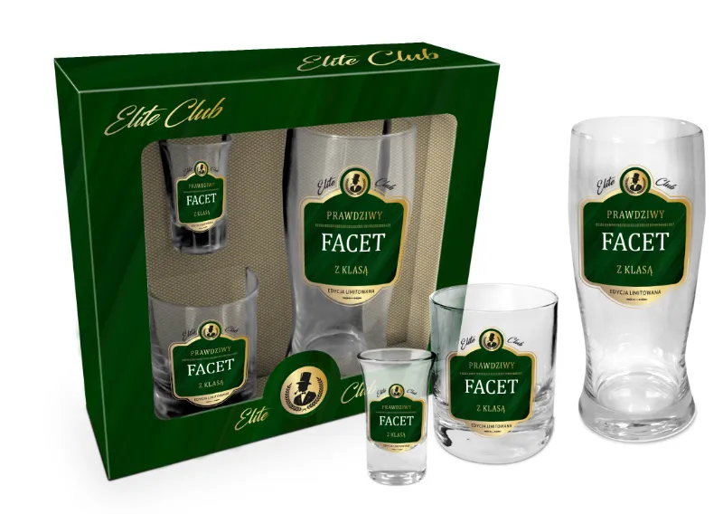 Zestaw - Kieliszek + 2 szklanki (270, 500 ml) - Elite Club - Prawdziwy Facet z klasą (limitowana edycja)