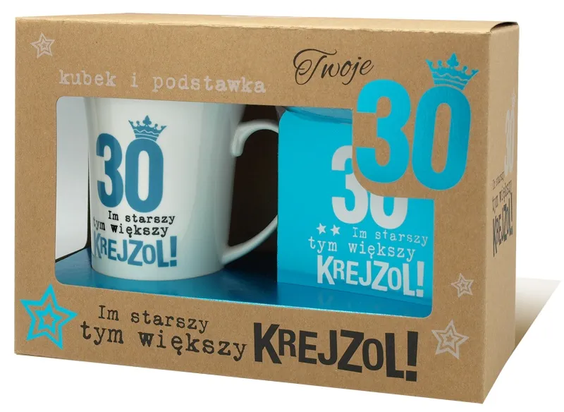 Kubek + podstawka (niebieska) - 30 Im starszy tym większy krejzol - Kolekcja cudowne lata