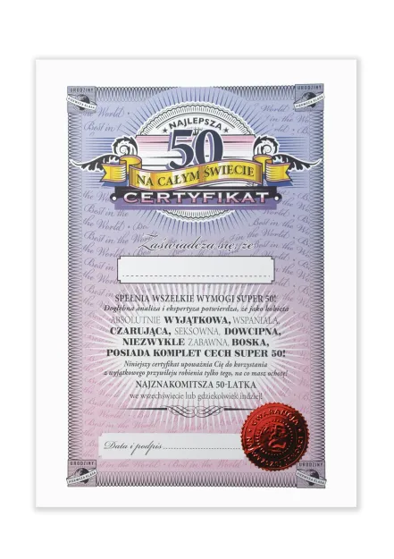 Certyfikat - Najlepsza 50-latka  na całym świecie
