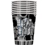 Kubeczki papierowe Happy Birthday (czarno-srebrne) - 8szt - 2