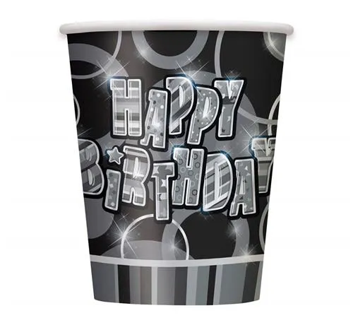 Kubeczki papierowe Happy Birthday (czarno-srebrne) - 8szt
