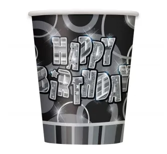 Kubeczki papierowe Happy Birthday (czarno-srebrne) - 8szt