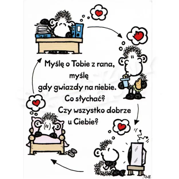 Kartka Sheepworld - Myślę o Tobie z rana, myślę gdy gwiazdy na niebie. Co słychać?