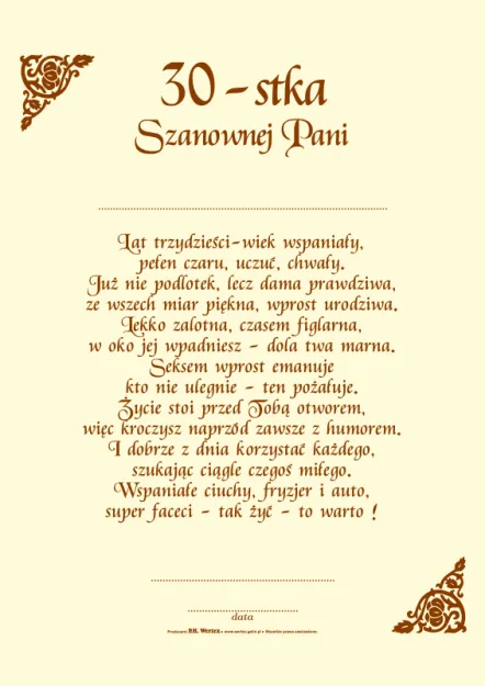 Dyplom - 30-tka Szanownej Pani ...  
