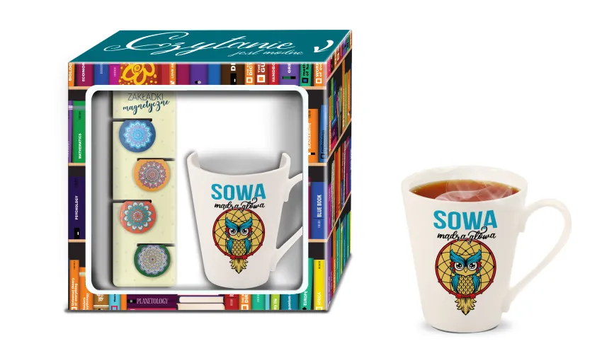 Zestaw kubek + 4 zakładki - Sowa mądra głowa