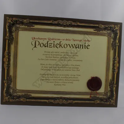 Certyfikat - Podziękowanie ukochanym rodzicom w dniu Naszego Ślubu