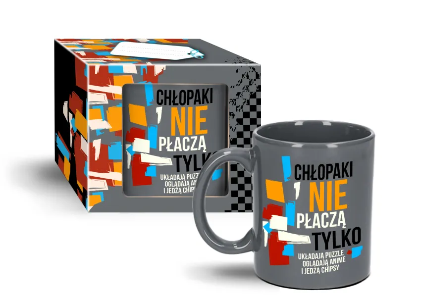 Kubek boss - Chłopaki nie płaczą tylko układają puzzle, oglądają anime i jedzą chipsy.
