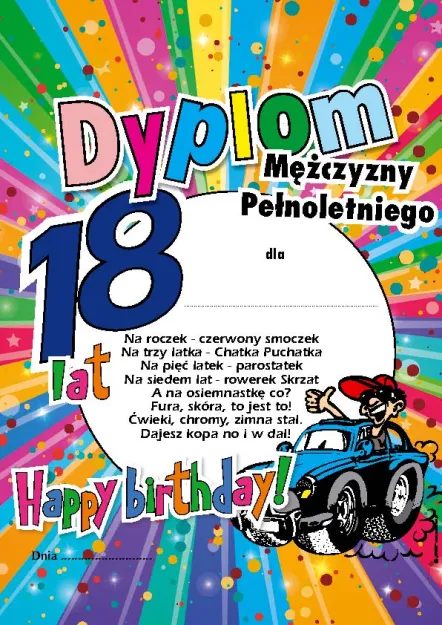 Dyplom - Mężczyzny pełnoletniego dla ... - 18 lat happy birthday