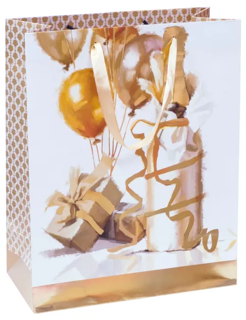Torebka Kukartka XL - Szampan, balony, prezenty (złote zdobienia)