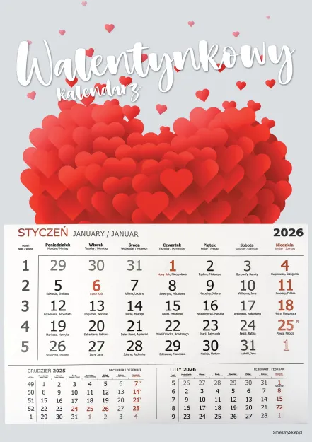 Kalendarz 2026 - Walentynkowy (serce na szarym tle)