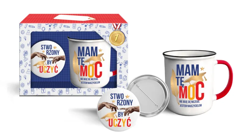 Kubek + przypinka - Mam tę moc, nie boję się niczego, jestem nauczycielem. Stworzony by uczyć