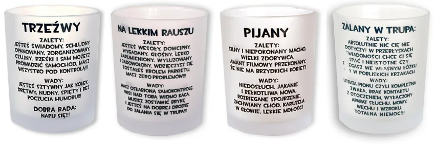 Zestaw 4 szt literatek - Wady, zalety - Trzeźwy, pijany, na lekkim rauszu, zalany w trupa