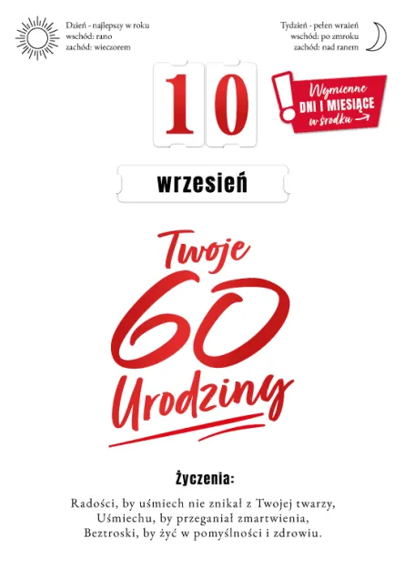 Karnet 3D z życzeniami - Twoje 60 urodziny (wymienne dni i miesiące w środku)