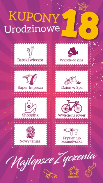 Karnet kupony - Urodzinowe - 18 lat. Najlepsze życzenia