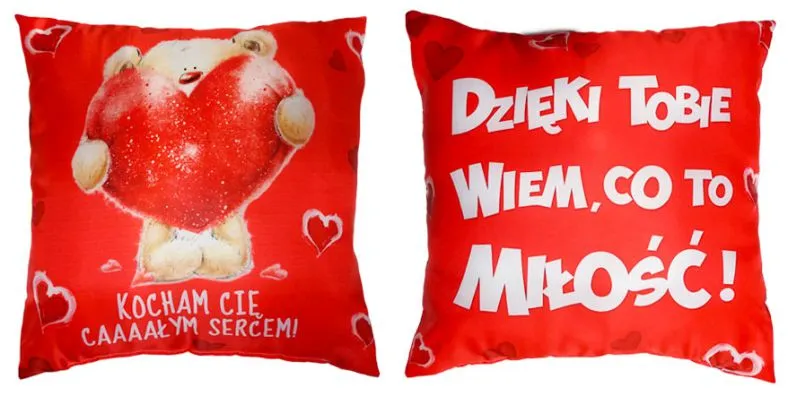 Poduszka obustronna, mała - Kocham cię caaaaym sercem / Dzięki Tobie wiem co to miłość
