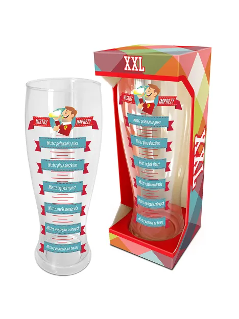 Szklanka XXL 1.5L - Mistrz imprezy, mistrz polewania piwa,   mistrz sztuki uwodzenia, mistrz występów solowych
