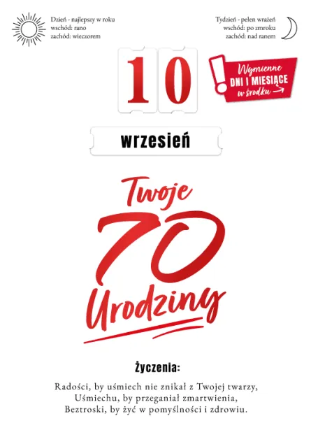 Karnet 3D z życzeniami - Twoje 70 urodziny (wymienne dni i miesiące w środku)