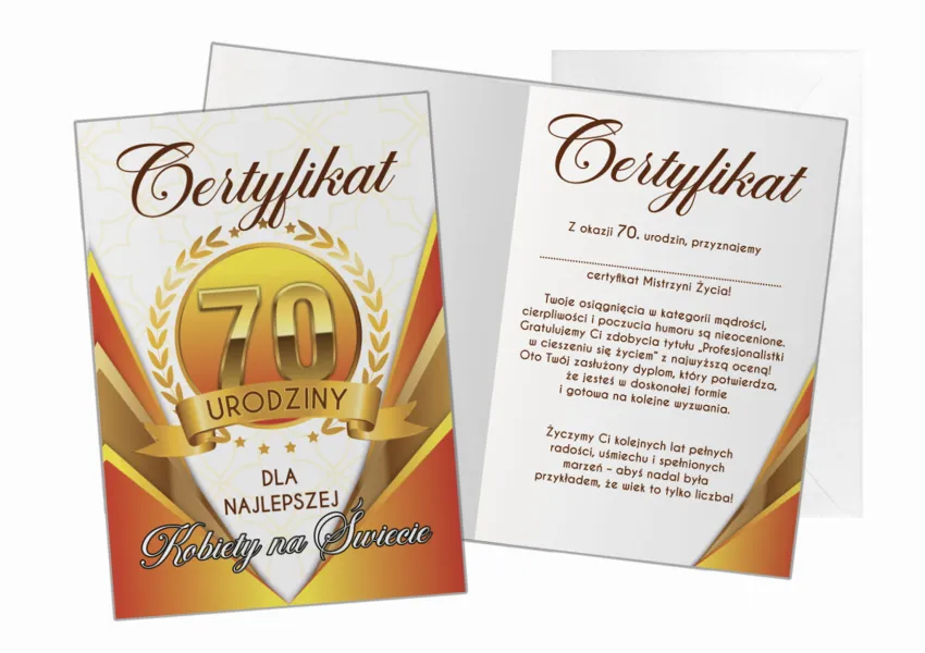 Kartka C5 - Certyfikat 70 urodziny dla najlepszej Kobiety na świecie