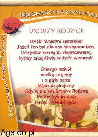 Dyplom - Podziekowania dla rodziców za uroczystość ślubną