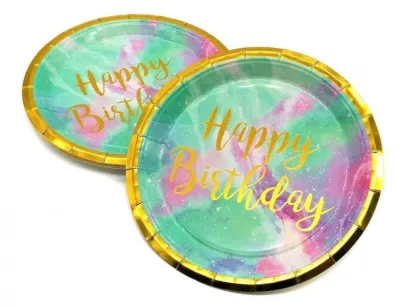 Talerze papierowe Happy Birthday 10szt. - złoty