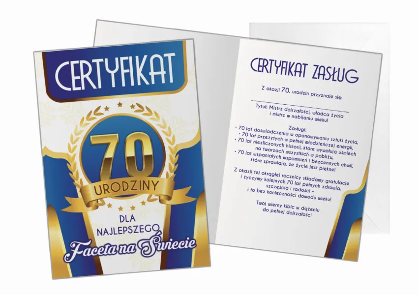 Kartka C5 - Certyfikat 70 urodziny dla najlepszego Faceta na świecie