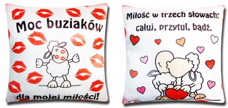 Poduszka obustronna, mała - Moc buziaków dla mojej miłości! / Miłość w trzech słowach: całuj, przytul, bądź.