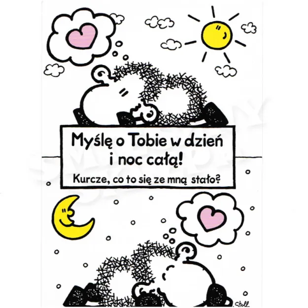 Kartka Sheepworld - Myślę o Tobie w dzień i noc całą! Kurcze, co to się ze mną stało?