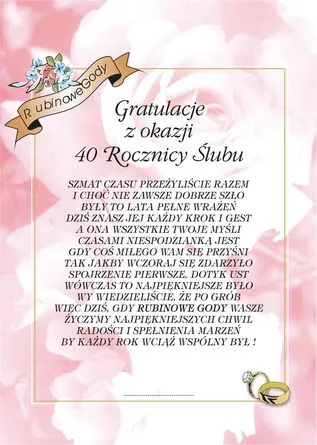 Dyplom - 40 Rubinowe Gody - Gratulacje z okazji 40 Rocznicy Ślubu