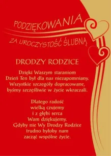 Dyplom -  Drodzy rodzice - podziękowanie za uroczystość ślubną